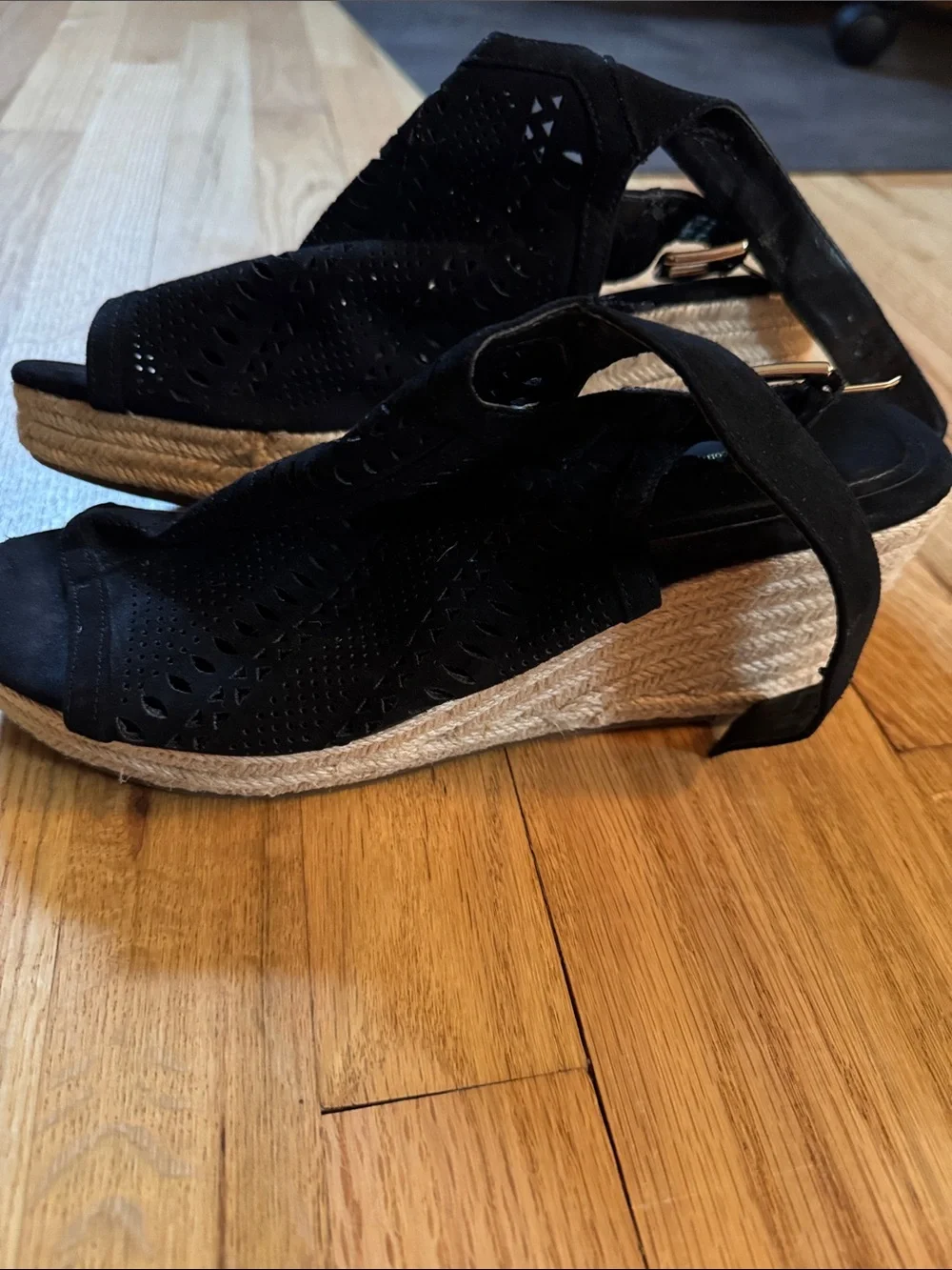 Liz Claiborne Black Laser-Cut Espadrille Wedge Sandals